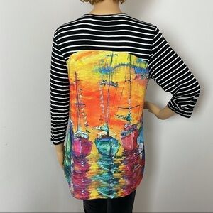 Leoma Lovegrove Women’s V-Neck Shirt – Stripes & Sailboat Design, Size Small